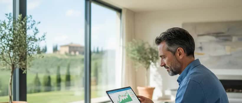 Uomo italiano che analizza grafici finanziari su tablet a casa, investimento Enel