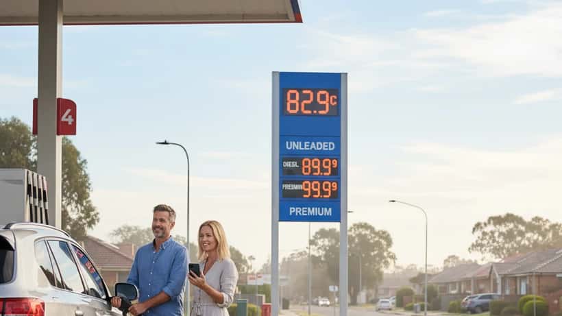 Australian couple at a petrol station checking fuel prices after the excise cut announcement