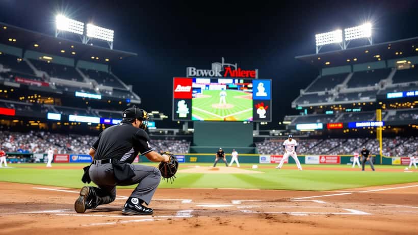 Home plate umpire making a call at a professional baseball stadium with digital tracking cameras on the rafters