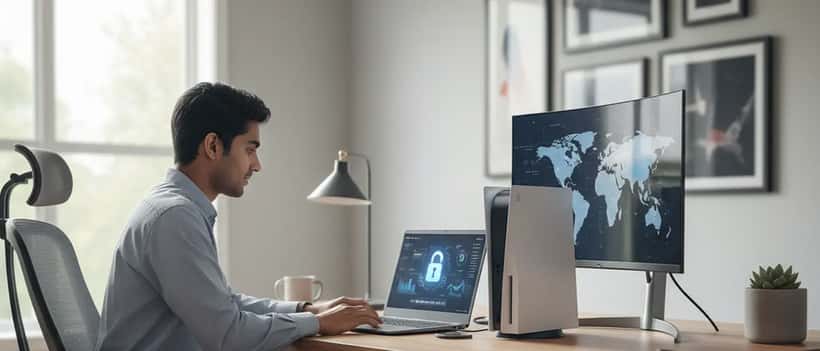 IT security specialist reviewing gaming console cybersecurity measures on laptop with PlayStation and Xbox controllers in UK home office