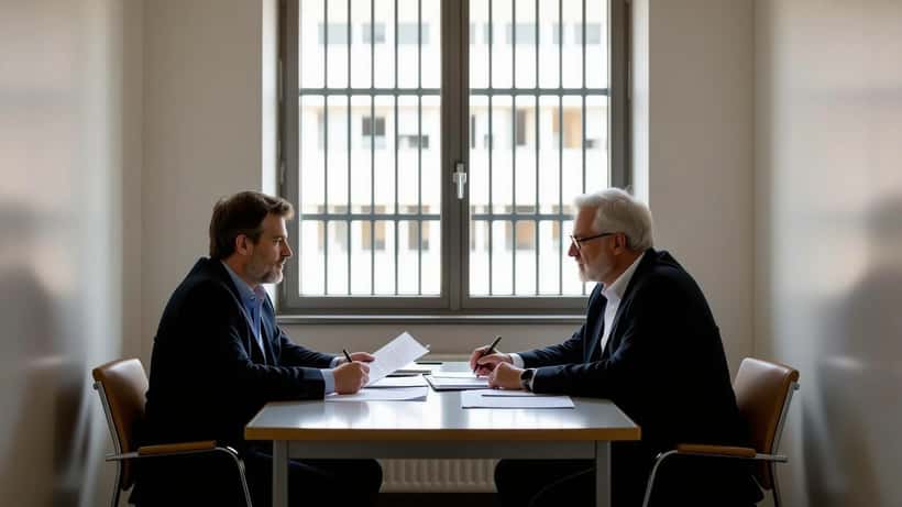 Avocat et prévenu consultant des documents juridiques dans une salle de détention provisoire en Suisse