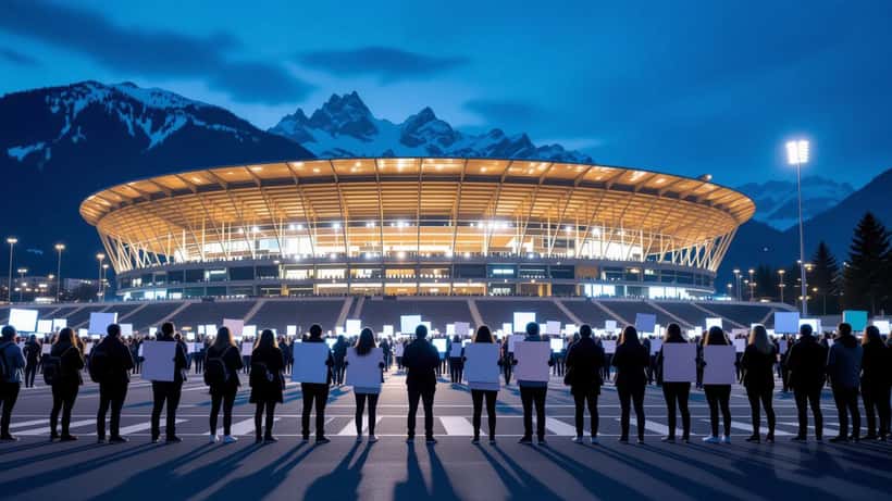 Manifestants devant un stade de football en Suisse la nuit, barrières de police et silhouette des Alpes