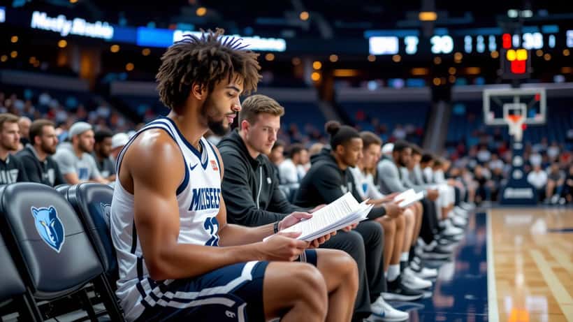 Novato de baloncesto revisando documentos financieros con un asesor junto a la cancha