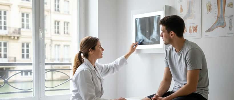 Médecin du sport examinant une entorse de cheville dans un cabinet médical