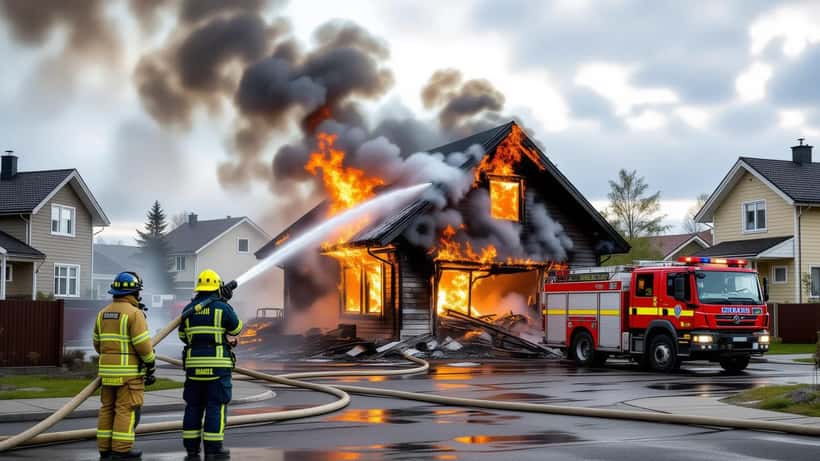 Brandmän släcker en brinnande villa med rök i ett villaområde i Järfälla