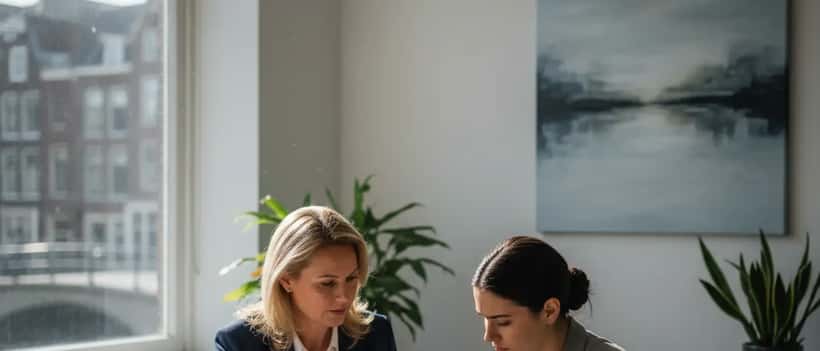 Nederlandse advocaat in gesprek met cliënt in professioneel kantoor in Amsterdam