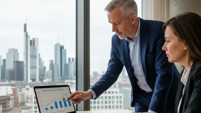 Deutscher Vermögensberater bespricht Wirtschaftsprognose 2026 mit Klienten in Frankfurter Büro
