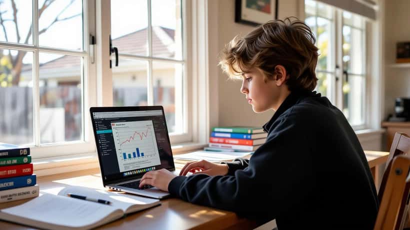 Year 7 student doing maths homework using AFL match statistics on laptop, Adelaide Crows vs Essendon Bombers Round 21 scoreboard data visible