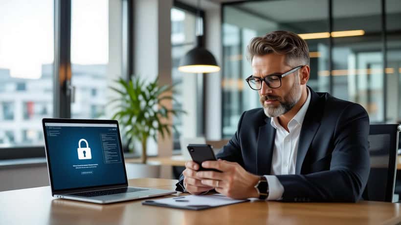 IT-Profi in Frankfurter Büro analysiert verschlüsselte iPhone-Nachrichten, symbolisch für RCS-Datenschutz in iOS 26.5