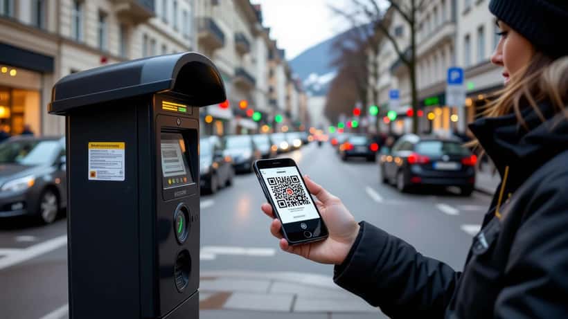 Personne scannant un QR code sur un parcomètre avec son smartphone dans une rue suisse