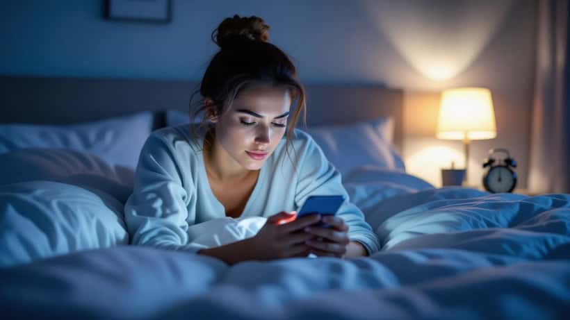 Donna sveglia di notte scorre le notizie sullo smartphone al buio, volto illuminato dalla luce blu dello schermo