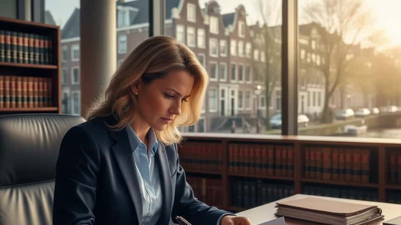 Nederlandse advocaat bestudeert juridische documenten over mensenrechten en de doodstraf in Amsterdam