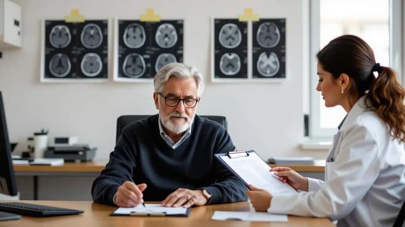 Homem idoso em consulta de neurologia em Lisboa com mão a tremer sobre a mesa, médico com resultados de exames