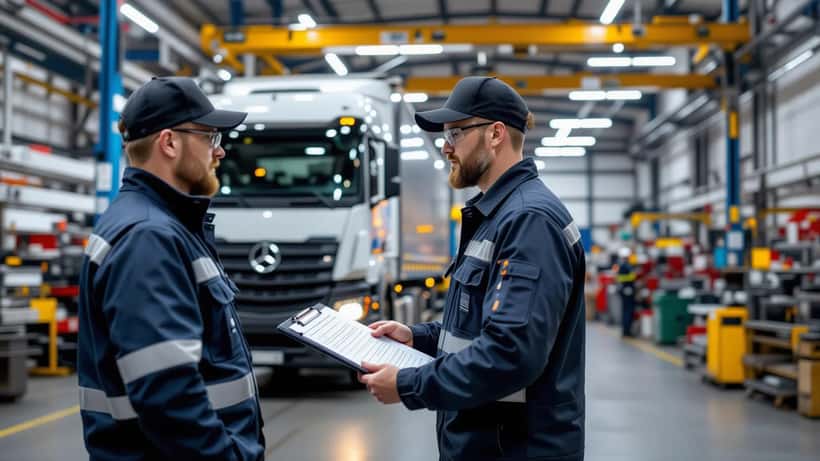 Suomalainen kuorma-autoasentaja tarkastamassa raskaan ajoneuvon turvallisuuslaitteita katsastusasemalla