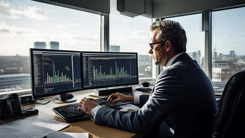 UK wealth manager reviewing Netflix stock performance charts on dual screens in a London financial office