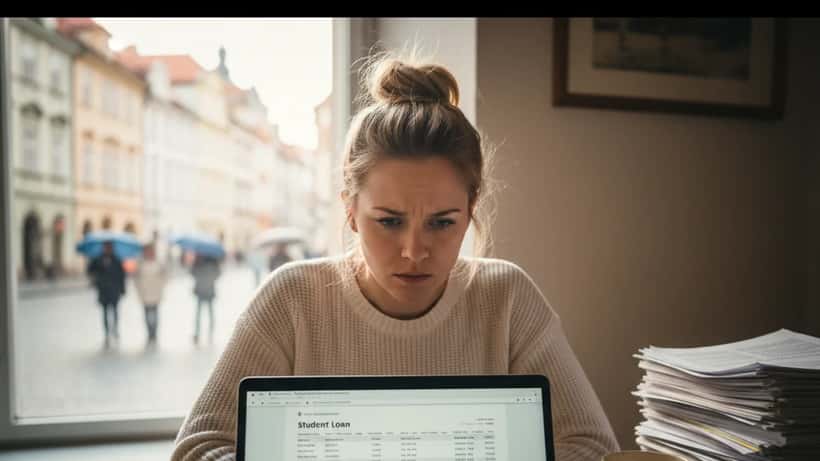 Young American woman reviewing student loan documents in Prague apartment