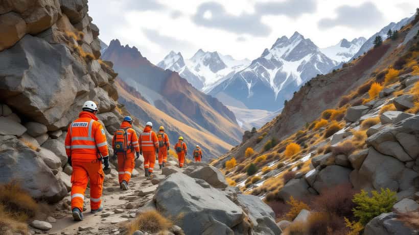 Orange-vested rescue workers searching rocky mountain trail in northern Pakistan's Mansehra district, overcast sky, rugged ravine terrain
