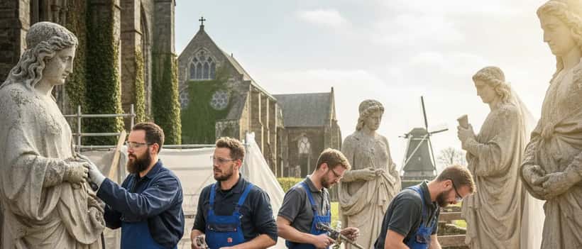 Nederlandse vaklieden restaureren historische stenen beelden bij een renovatieproject