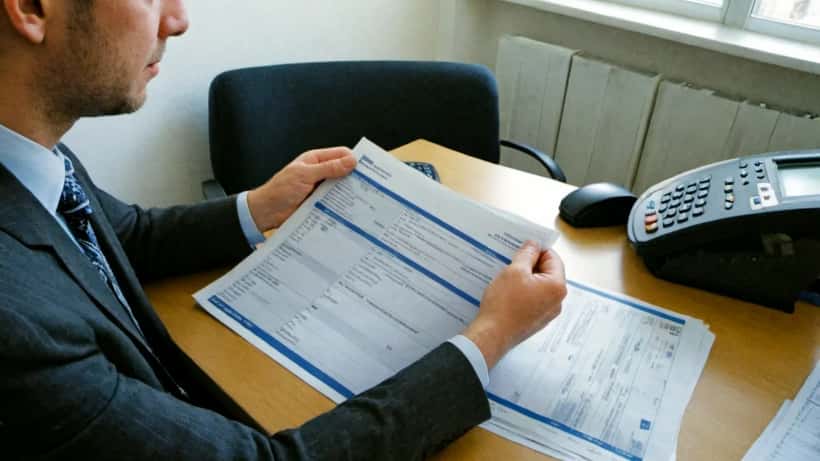 Österreichischer Finanzberater prüft Kontoauszüge und IBAN-Dokumente am Holzschreibtisch in einem Salzburger Büro