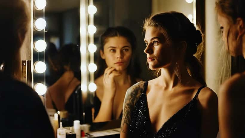 Íslensk kona í kvöldkjól undirbýr sig bakvið sviðið fyrir keppni