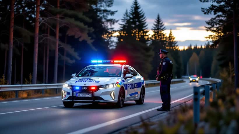 Poliisiauto sinisine hälytysvaloineen Tuusulan tiellä, poliisi seisoo auton vieressä