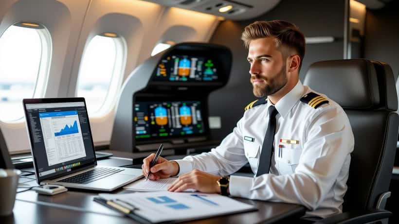 Élève pilote de ligne en uniforme étudiant son budget de formation dans un centre d'entraînement suisse