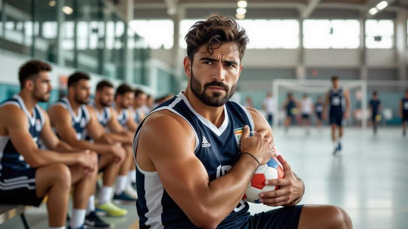Jugador de balonmano amateur con bolsa de hielo en el hombro en polideportivo