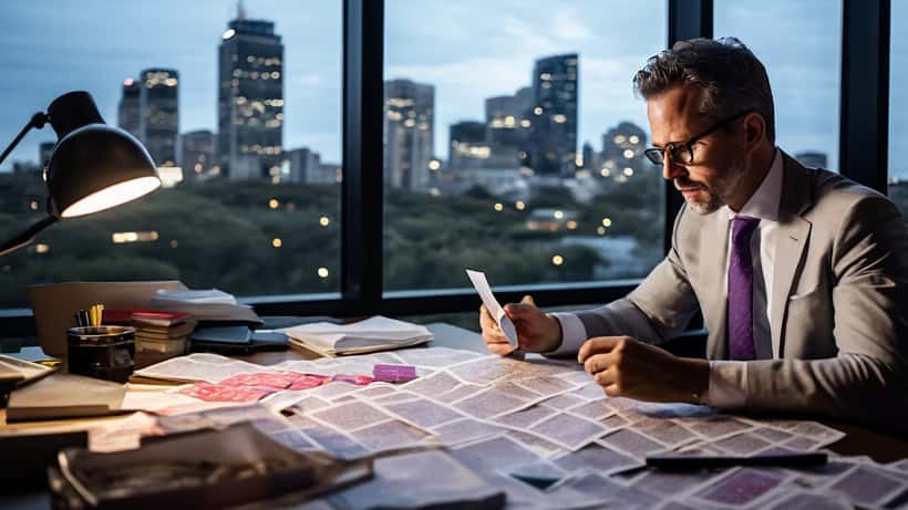 Financial adviser reviewing lottery ticket alongside investment portfolio documents in a Sydney office