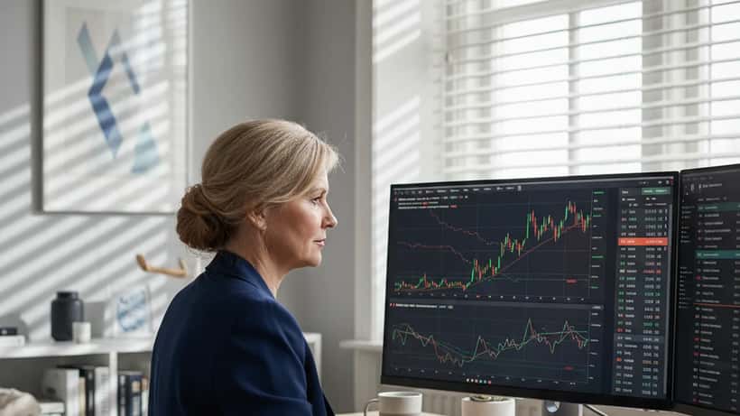 Svensk kvinna analyserar börskurser på datorskärm i Stockholmskontor under marknadsvolatilitet