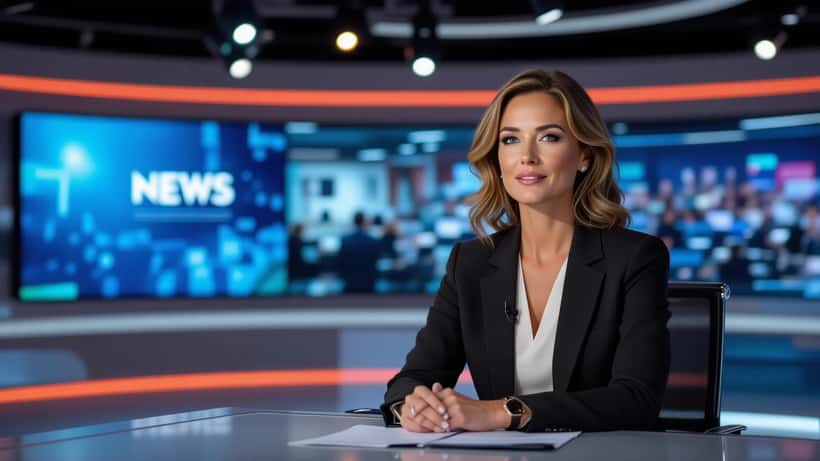Présentatrice de journal télévisé derrière un bureau de studio