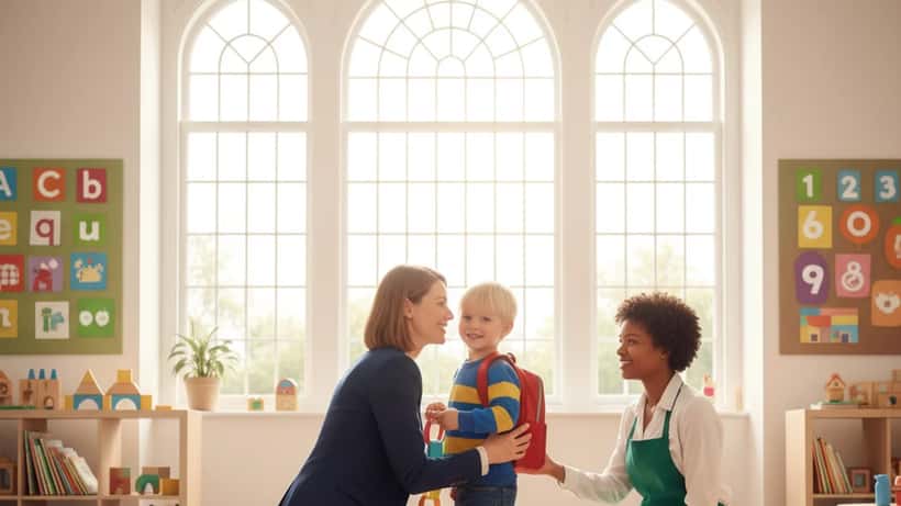 Working mother dropping off toddler at a bright London nursery in the morning