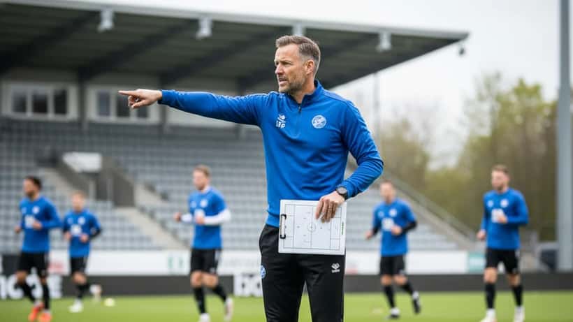 Fodboldtræner i AGF-trøje instruerer spillere under træning på dansk Superliga-bane i Aarhus