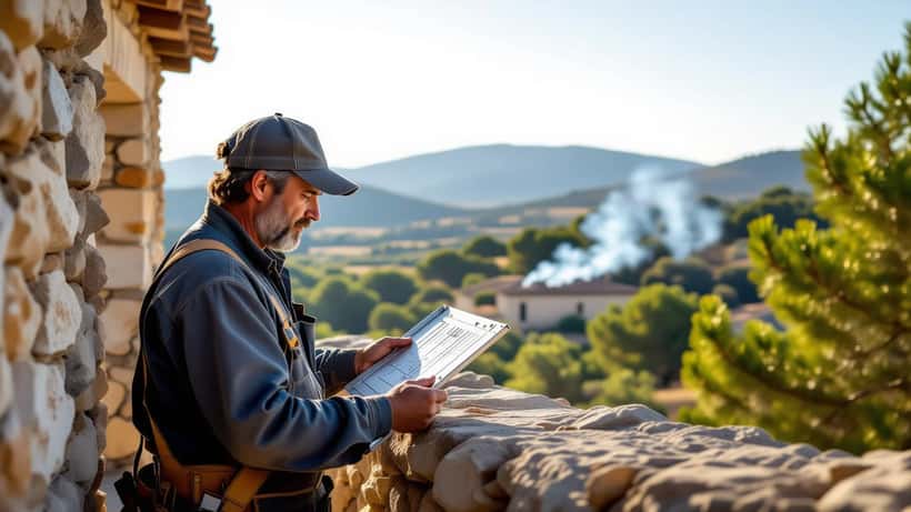 Artisan inspectant des volets coupe-feu aluminium sur une maison provençale avec fumée de feux de forêt en arrière-plan dans le Var