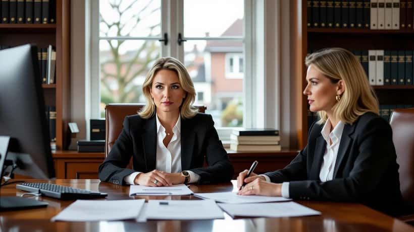 A solicitor and a bereaved woman reviewing victim rights case files in a UK law office