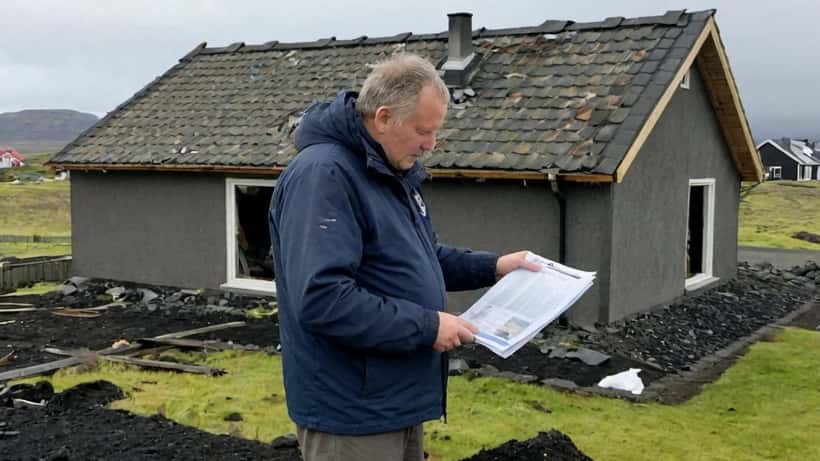 Íslenskur húseigandi skoðar stormskemmdar þakeiningar eftir páskahelgi 2026 með tryggingaskjal í hendi