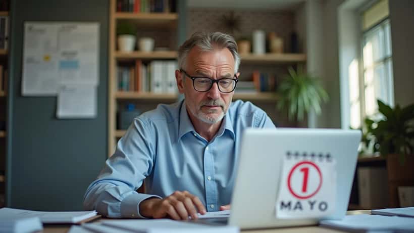 Nederlandse belastingadviseur bij bureau met belastingaangifte papieren en kalender met 1 mei