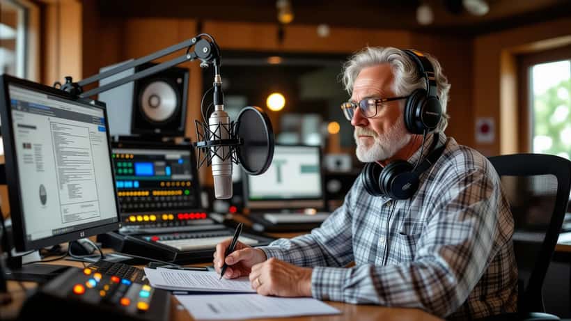 Radio DJ in Nederlandse studio bekijkt arbeidscontract na urenkortingen bij NPO