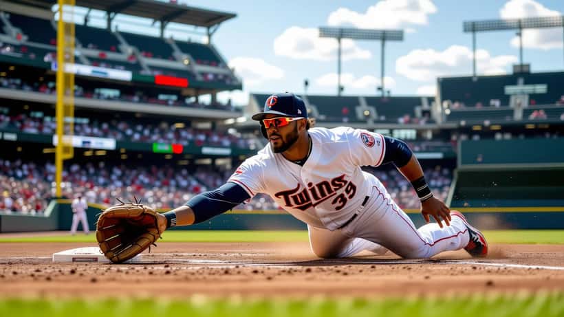Baseball outfielder diving catch in Minnesota Twins uniform representing Alan Roden shoulder comeback 2026