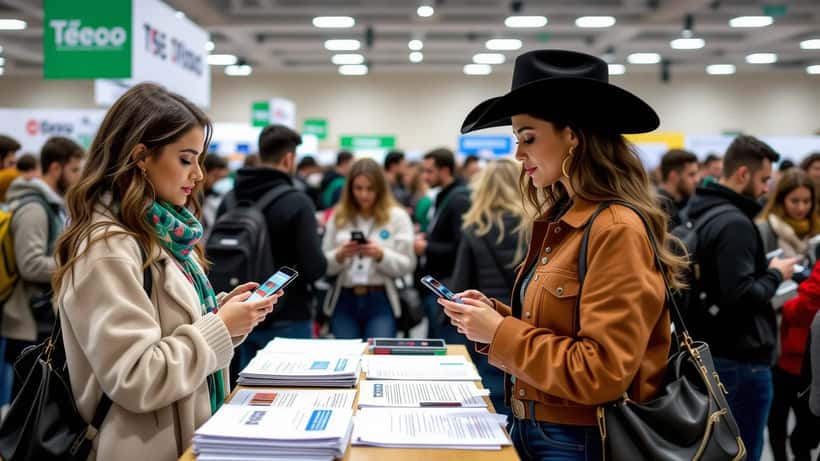 Jovem influenciadora em botas de cowboy em convenção partidária com documentos eleitorais do TSE em Belo Horizonte 2026
