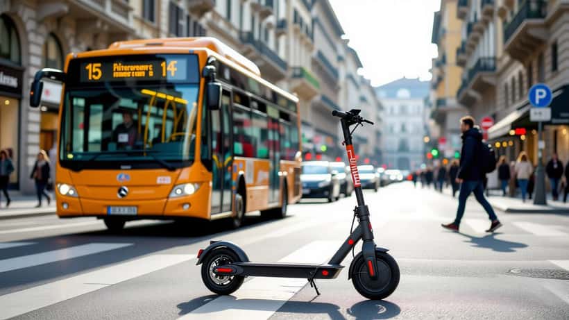 Monopattino elettrico parcheggiato con contrassegno identificativo su una strada urbana italiana