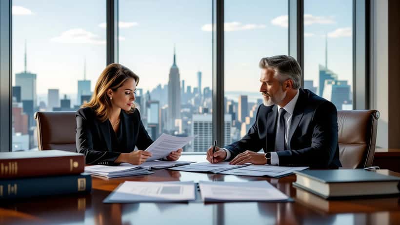 Attorney reviewing medical case files with client in Manhattan law firm office