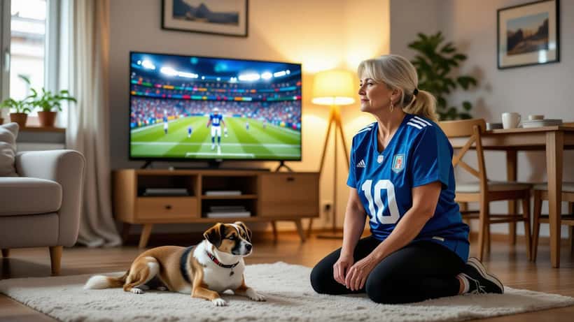 Donna italiana che consola un cane spaventato durante i festeggiamenti per i Mondiali 2026