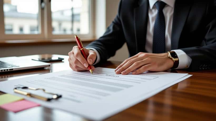 Employment solicitor reviewing a contract with a release clause highlighted, Premier League football on desk, London law office