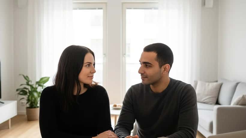 Ungt svenskt par granskar juridiska dokument vid birchbord i minimalistisk stockholmslägenhet