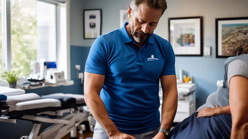 Sports medicine physiotherapist examining a patient's lower back injury in a clinic
