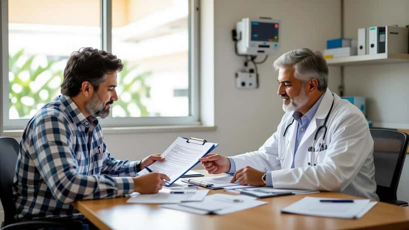 Médico dominicano revisando expediente médico con paciente hispano mayor en hospital moderno de Santo Domingo, 2026