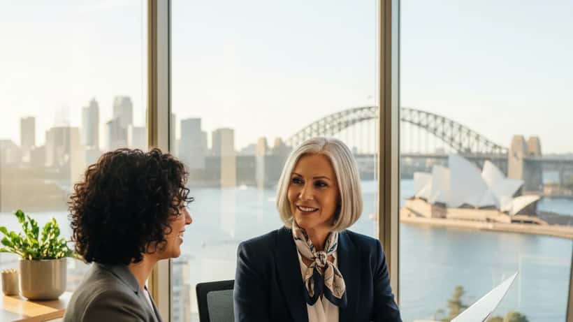 Confident 58-year-old Australian woman consulting a career advisor in a modern Sydney CBD office with harbour view