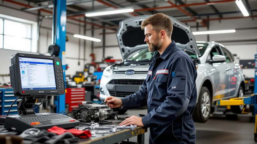 UK mechanic diagnosing a car actuator fault using an OBD-II scanner in an auto repair workshop