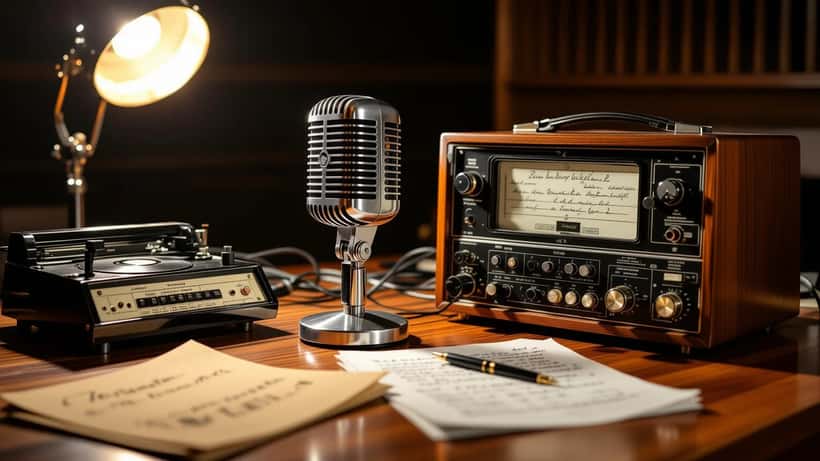 Microfone de rádio vintage com documentos de testamento e herança em estúdio português