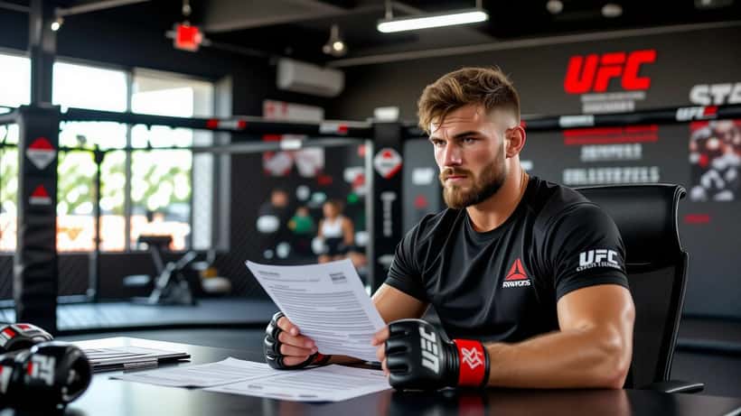 MMA fighter reviewing sports contract documents at a Sydney gym with an octagon visible in the background